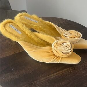 Gianni Bini Yellow Velvet Mules with Rosette